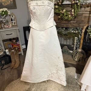 Ivory satin wedding dress ensemble